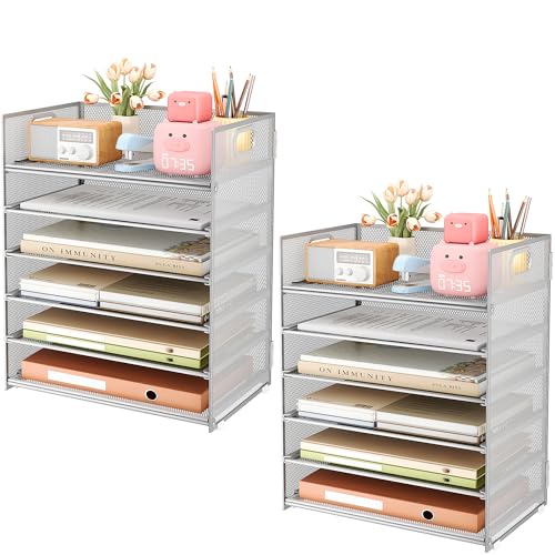 Subekyu 6-Tier Desk Paper Organizer, Desktop File Letter Tray with Handle, Document Sorter and Accessories Holder for Office, Home and School Workspace Organizers, Silver - 2 Pack - color: 2 Pack 6-tier - Silver