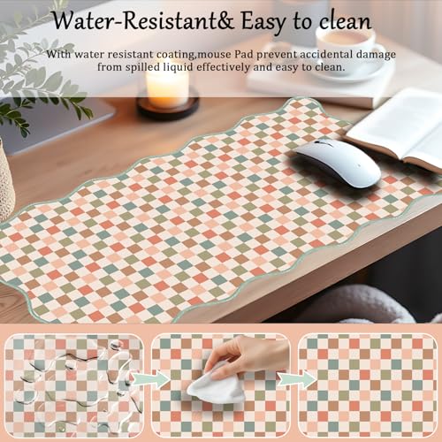 Scalloped Desk Mat Extended Large Cute Mouse Pad XXL Aesthetic Desk Pad Boho Plaid Mousepad Retro Beige Checkered Mouse Pad for Keyboard Computer Stitched Edges Non-Slip Home Office 35.4X15.7Inch - color: Multi, size: 35.4" x 15.7"
