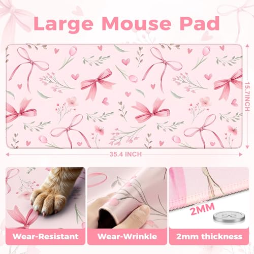 iCasso Pink Desk Mat,Cute Desk Pad for Women,Girly Bow Mousepad with Stitched Edges,Non-Slip Large Computer Mat for Study Gaming Home Office - color: Pink Flower Bow
