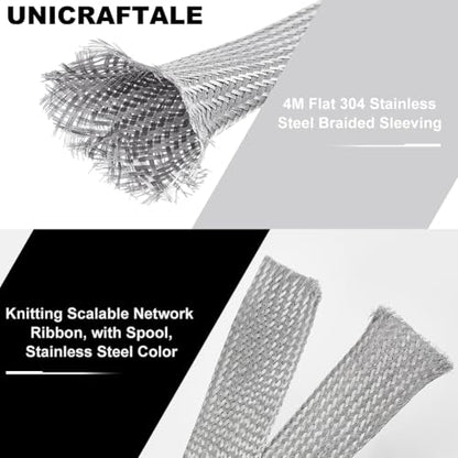 UNICRAFTALE 0.78" Wide Stainless Steel Braided Sleeving Braid 13.12 Feet Cable Wire Shielding Sleeve Ground Straps Protection Flat Metal Mesh Flexible Expandable Scalable Ribbon Wire for Protect Cable - size: 4m x 20mm