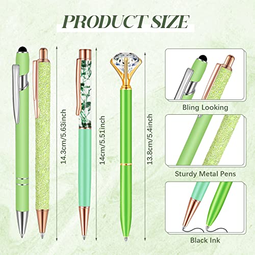 Sabary 8 Pcs Green Pens with Pen Holder for Desk Glitter Crystal Diamond Cute Ballpoint Fancy Pencil Holder Bling Desk Organizer for Women Girls School Office Supplies Wedding Graduation Gifts - color: Green