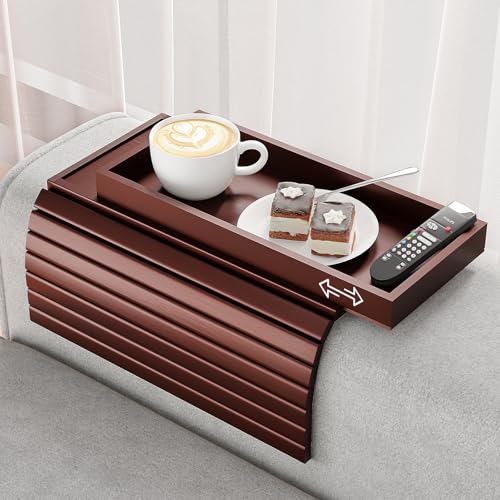 Bestjing Bamboo Sofa Armrest Tray Table for Couch - 2-in-1 Foldable Couch Arm Table with Be Slide Detachable Tray- Anti-Slip Sofa Armchair Caddy for Drinks Cellphone TV Remote Snacks(Walnut) - color: Walnut, size: 16.9" x 13.3" x 1.5"