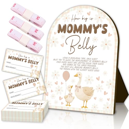 54 Piece Goose Wooden Signs with 50 Guest Game Cards - Measure Your Belly Baby Shower Game Birthday Supplies Party Decorations, Baby Shower Table Signs Centerpieces