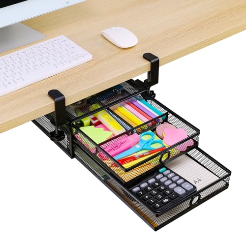 ROSYLINE Under Desk & Desktop Drawer Organizer, 2-Tier Big Capacity (Black) | Steel Construction, Clip-On No Drill Installation, Fits A4 Paper, for Office & Household Supplies - color: Black-2-Tier
