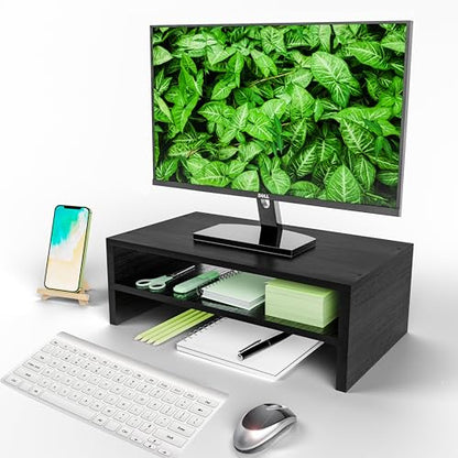 Simpple Trending Monitor Stand Riser, 2 Tier Wood Office Desk Storage Organizer for Laptop, Computer, Black - size: 16"W x 9"D x 5.5"H