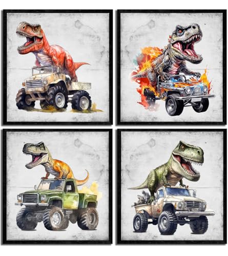 4Pcs Dinosaur Truck Nursery Canvas Wall Art Funny Vintage Boys Room Poster Prints Cool Truck Pictures Retro Dino Wall Decor for Kids Room Playroom Bedroom Home Decoration 16x16 in Unframed - color: Dinosaurs Poster, size: 16"l X 16"w
