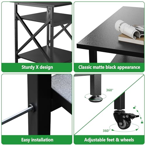 3 Tier Printer Stand, Large Table with Wheels, Rolling Cart with Height Adjustable Middle Storage Shelf, 23.6 x 23.6 x 30.3 Inches Shelf for Home Office, Black - color: Black