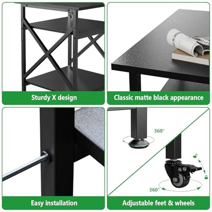 3 Tier Printer Stand, Large Table with Wheels, Rolling Cart with Height Adjustable Middle Storage Shelf, 23.6 x 23.6 x 30.3 Inches Shelf for Home Office, Black - color: Black