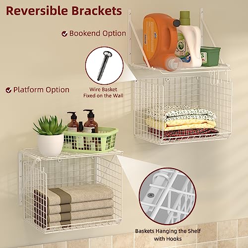 2 Pack Laundry Room Shelves Wall Mounted with Wire Baskets, Over the Washer and Dryer Shelf with Clothes Drying Rack, 8 Hooks，Wire Shelves Baskets for Laundry Closet Organization and Storage, White - color: White