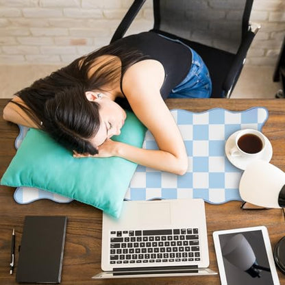 Copkim 1 Pcs Blue Scalloped Checkered Desk Mat 31.5 x 11.8 Inch Large Cute Mouse Pad Computer Mat Non Slip Waterproof Rubber Base with Border Stitching Soft Keyboard Pad for Home Office Gaming Makeup - color: Blue, style: Checkered