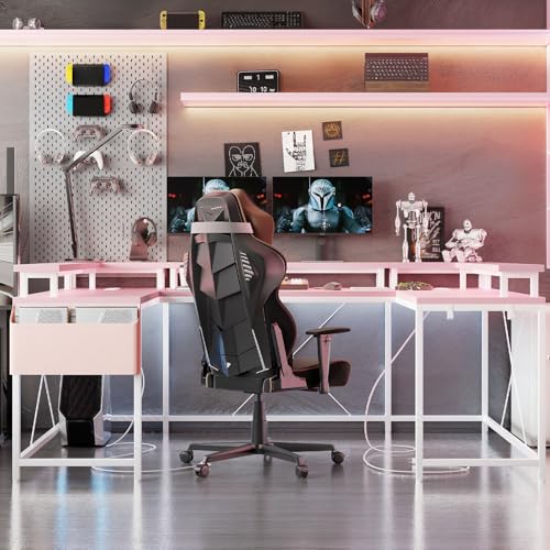 U Shaped Desk with Power Outlet & LED Lights, 79" Reversible Computer Desk with Monitor Stand, Wood Home Office Desks Gaming Desk with Shelving, Side Storage Pockets, Pink - color: Pink
