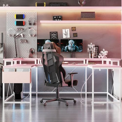 U Shaped Desk with Power Outlet & LED Lights, 79" Reversible Computer Desk with Monitor Stand, Wood Home Office Desks Gaming Desk with Shelving, Side Storage Pockets, Pink - color: Pink