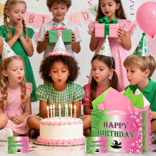 Hooqict Large Pink and Green Gift Bag Witch Birthday Gift Wrap Bag with Handles, Tissue Paper, Greeting Cards for Girls Friendship Princess Witch Party Favors Movie Theme Birthday Party Supplies - color: Pink and Green