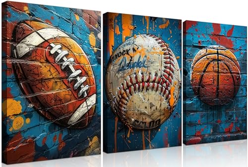 3Pcs Graffiti Sport Canvas Wall Art Trendy Cool Pop Wall Decor Colorful American Football Baseball Basketball Posters Pictures Inspirational Painting Inspirational Boy Room Prints Framed - size: 12"Lx16"W