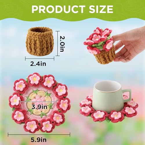 Flower Crochet Coasters, Handmade Bouquet Blanket Coaster with Crochet Plant Pot Fun Soft Decorative Drink Coasters for Coffee Tabletop Protection and Home Decor (Peach Pink, 1Pc) - color: Peach Pink, size: 1Pc