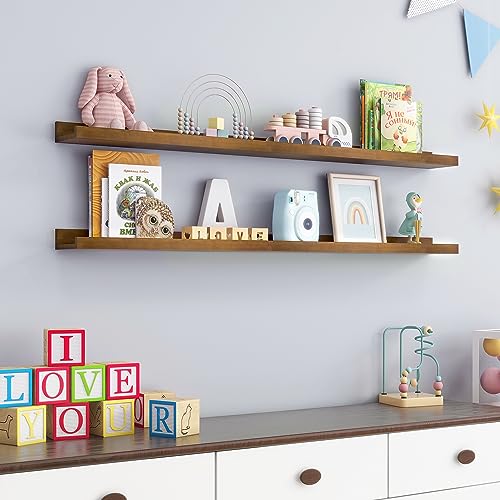 FLYJOE Picture Ledge Wall Shelves 48 inch Width Set of 2, Solid Pine Wood Rustic Floating Ledge Shelves for Wall for Kids' Room Bedroom Kitchen Bathroom Living Room Nursery Display Wall Decor, Walnut - color: Walnut, size: 48'', set of 2