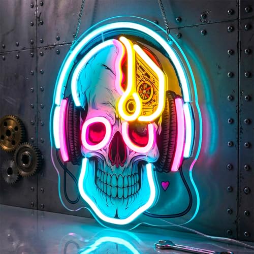 Skull Neon Sign with Headphones,LED Gaming Neon Light,Dimmable USB Powered Neon Wall Sign for Gamer Room, Bedroom, Man Cave, Cool Aesthetic Neon Sign - color: blue-skull