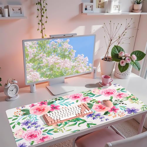 Large Desk Mat, Desk Matt for Desktop, Women Girls Waterproof Large Keyboard Pad, Cute Computer Mat for Office Work/Home/Decor/Desktop Accessories (35.4"x16.9") - color: Pinkflower, size: 35.4" x 16.9"
