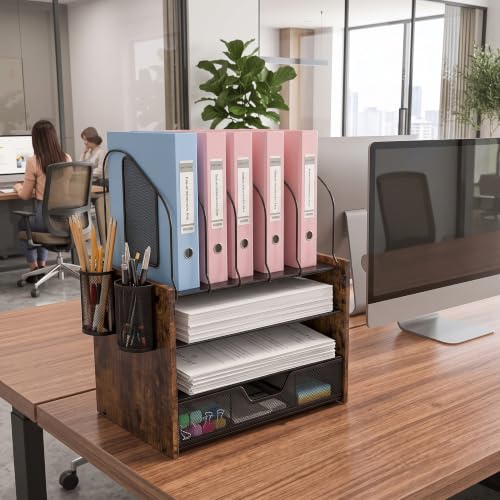 Wood Desk Organizer - 4-Tier Desktop File Organizer with Drawer, Wooden Paper Tray, Vertical File Holders & 2 Pencil Holders - Office Desk Organizer for Papers, Mail, Notebooks, Stationery - size: 4 Tier Drawer with Vertical File Holder