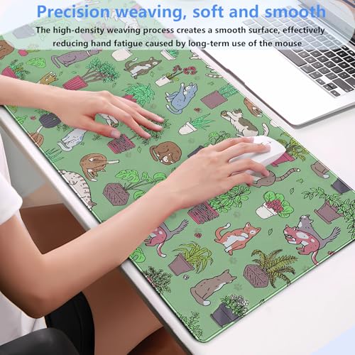 Extended Gaming Mouse Pad XL, Cute Cat Sage Green Desk Mat 31.5x15.7 | Charming large desk pad with a playful cats and potted plants print. Perfect for cozy, kawaii workspace setups. - color: Green Plants and Cats