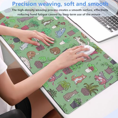 Extended Gaming Mouse Pad XL, Cute Cat Sage Green Desk Mat 31.5x15.7 | Charming large desk pad with a playful cats and potted plants print. Perfect for cozy, kawaii workspace setups. - color: Green Plants and Cats