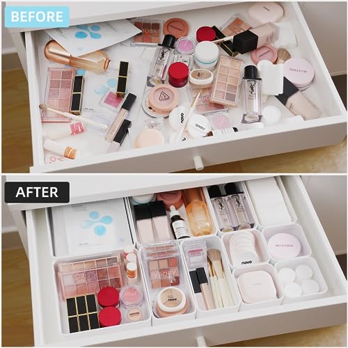 CHANCETSUI 11-Piece Stackable Drawer Organizer Set, Multi-size Desk Drawer Organizer Trays Vanity Storage Bins for Storing Makeup, Stationery, Utensils in Bathroom Dresser, Office and Kitchen - color: White