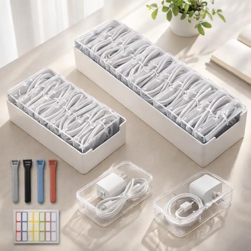 KUGUA 2 Pack Cable Organizer Box Set with 7 and 11 Clear Cases for Charging Cables, Chargers, Earphones and Small Accessories, Includes Cable Ties and Labels for Home, Desk and Drawer