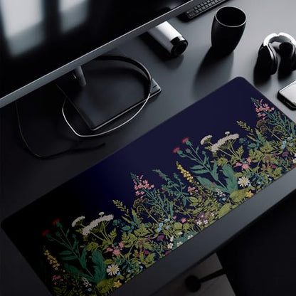 Wildflower Mouse Pad Abstract Black Mouse Pad 31.5x11.8 Inch Flower Texture Non-Slip Rubber Base Large Mousepad Stitched Edges Keyboard Mouse Mat Desk Pad for Office and Home - color: Wildflower
