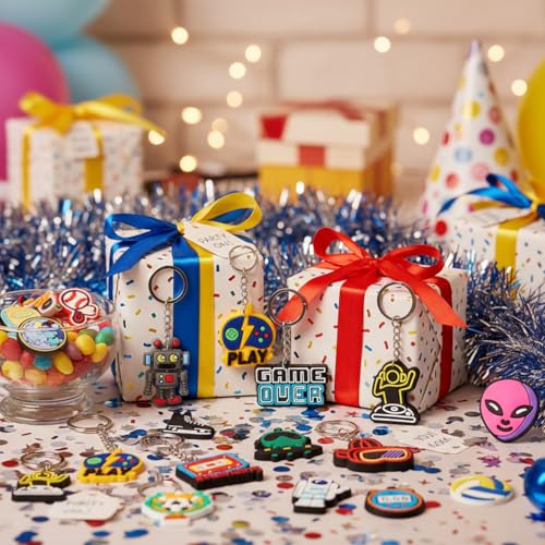 Batiyeer 36 Pack Cartoon Keychains Bulk, Novelty Sports, Robot, Alien, Video Game PVC Key Rings for Party Favors, Team Prizes, Event Giveaways, Corporate Rewards and Office Challenges - style: Game