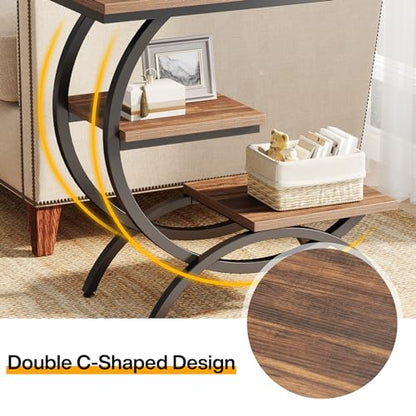Tribesigns C-Shaped End Table, 3-Tier Industrial Sofa Side Table with Curved Metal Frame for Living Room, Bedroom, Couch, Small Space, Rustic Brown - color: Rustic Brown