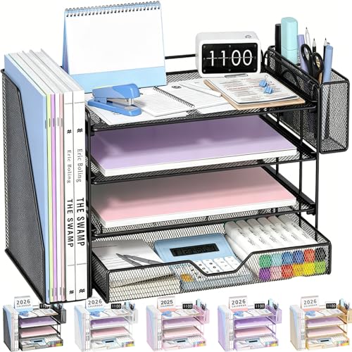 OPNICE Desk Organizer, 4-Tier Desktop File Organizer with Drawer and Pen Holders, Office Desk Accessories, File Sorters, Workspace Organizers for Office Supplies(Black - Metal Pen Holder) - color: Black - Metal Pen Holder, size: 4-tier