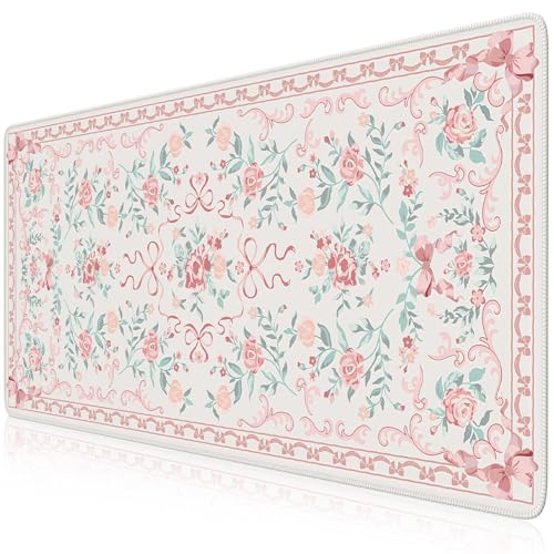 iCasso Pink Desk Mat for Desktop,Cute Desk Pad for Women,Girly Bow Mouse Pad with Stitched Edges,Non-Slip Large Computer Mat for Home Office Study Gaming - color: A-Pink Flower