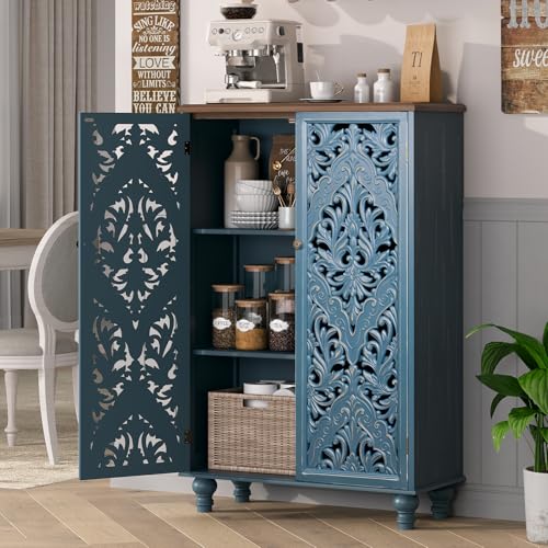 Jiansu furni Buffet Sideboard Cabinet with Hand-Carved Doors,Tall Storage Cabinet for Dining Room, Vintage Wood Accent Cabinet with Shelves, Slim Floor Cupboard for Kitchen & Entryway(Blue & Walnut) - color: Blue & Walnut_2 Doors_tall