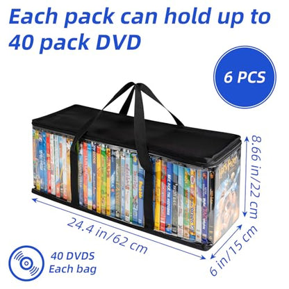 DVD Storage Bags 6 Pack DVD Storage Holder Case Clear PVC Media Holder with Handles for DVDs, CDs, Video Games, Books, Black