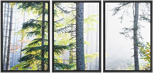 NWT Framed Canvas Print Wall Art Set Misty Fog Winter Tree Forest Landscape Nature Wilderness Photography Modern Art Realism Decorative Rustic for Living Room, Bedroom, Office - 16"x24"x3 Black - color: A02-2210-yuk27, size: 16" x 24" x 3 Panels BLACK