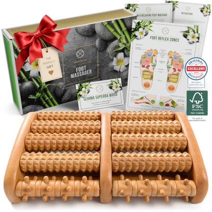 HELDSON® Foot Massager Roller Plantar Fasciitis Pain Relief - Wooden Under Desk Feet Massage - Dual Manual Heel Massagers - Wood Rolling Acupressure Tool with Reflexology Guide - Gift for Men, Women