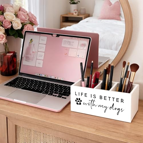 Life Is Better With Dogs Desk Organizer | Cute dog quote design; 3-compartment wooden holder stores pens, pencils, scissors, rulers. - color: Better With Dogs