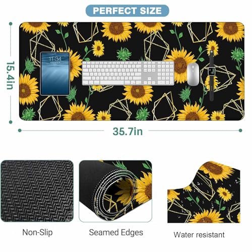 Sunflowers Yellow Mouse Pad Sunflower Gold Geometric Green Leaf Keyboard Mat Large Gaming Mousepad for Desk,Office,Bed 35.4"X15.7" - color: sunflowers yellow