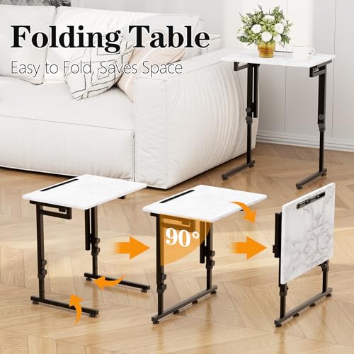 Adjustable Height Tv Tray Table,Portable Folding Tv Dinner Snack Table,Small Foldable C-Shaped End Table for Eating,Slide Under Couch Side with Sturdy MDF Top,No Assembly(White Marble+Black) - color: White Marble+black