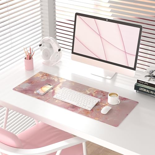 QIYI Large Mouse Pad, Cute Pink Desk Mat for Desktop, Women Girls PU Leather Waterproof Gaming, Rose Gold Marble Computer PC Laptop Protector Writing Pads for School Office Home 31.5" x 11.8" - color: Pink Gold Marble, size: 31.5" x 11.8"