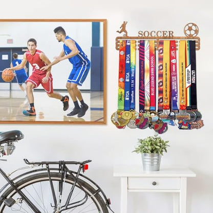 Resama Medal Hanger Holder Display Wall Rack Frame Shelf-Medal Hanger Awards Ribbon Soccer,Gymnastics,Holder Display Rack for 60 Medals - color: Soccer-Wooden