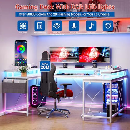 U Shaped Desk with Power Outlet & LED Lights, 79" Reversible Computer Desk with Monitor Stand, Wood Home Office Desks Gaming Desk with Shelving, Side Storage Pockets, White - color: White