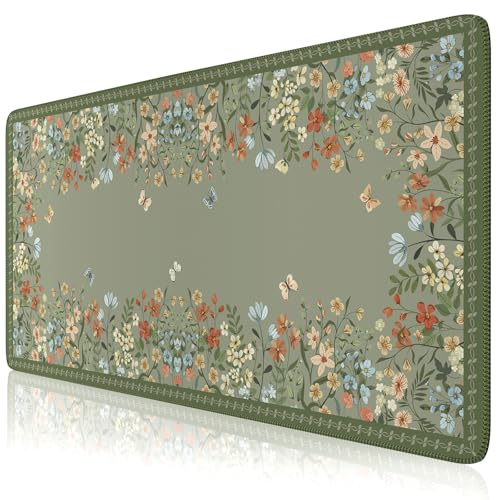 HAOCOO Dark Green Floral Desk Mat, Desk Mat for Keyboard and Mouse, XL Mouse Pad with Non-Slip Rubber Base, Waterproof Computer Mats for Desktop, Long Mouse Pad for Gaming, Women Office - color: Dark Green