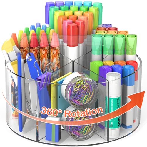 Mefirt Acrylic Pen Holder, 360 Degree Rotating Pen Organizer, Rotating Desk Acrylic Office Organizer with 6 Compartments, Marker Organizer for Kid, Crayon Caddy School Art Supply Storage Organizer - style: Clear-Large