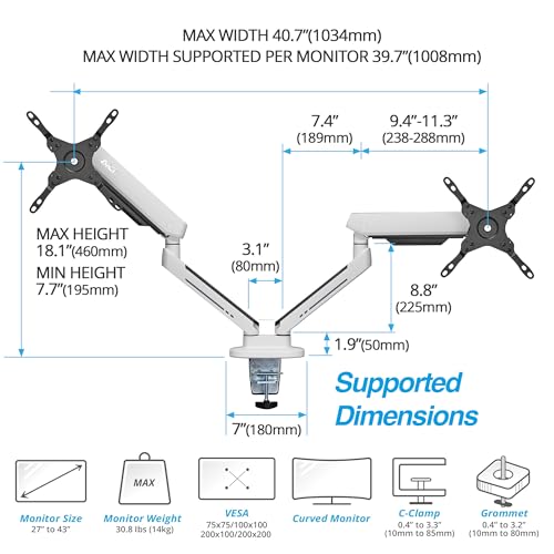 AVLT Dual 27”-43” RGB Gaming Monitor Arm Desk Mount Built-in 20 Lighting Modes Touch Button Control Fits Flat/Curved/Ultrawide Screen Height Swivel Tilt Rotation Adjustable Stand -White - color: White - Dual