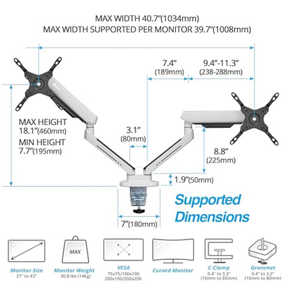 AVLT Dual 27”-43” RGB Gaming Monitor Arm Desk Mount Built-in 20 Lighting Modes Touch Button Control Fits Flat/Curved/Ultrawide Screen Height Swivel Tilt Rotation Adjustable Stand -White - color: White - Dual