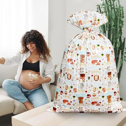 gisgfim 1Pcs Extra Large Woodland Baby Shower Plastic Gift Bags 37x56 Inch Jumbo Forest Animal Present Bag Big Gift Wrapping Tote with Tag and Tie Treat Candy Party Favor Birthday Party Supplies - style: Woodland