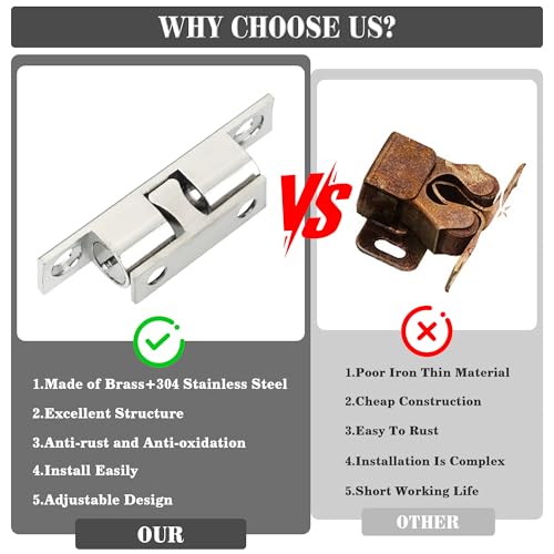 Alise Double Roller Catch Cabinet Latches,Adjustable Double Ball Tension Roller Catch Latch Brass Cabinet Door Latch,40x24mm Solid Brass Cabinet Latches and Catches,Pack of 4,Silver - color: Silver, size: 40mmX24mm