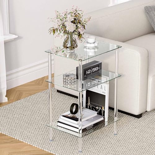 Tempered Glass Side Tables Set of 2 Acrylic End Table with 3 Storage Shelve transparent Bedside simplicity clear 3-Tier Nightstands small Spaces Office Bedroom Living Room Study Transparent ET-008TR3T - color: Transparent, size: 3 tier High