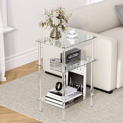 Tempered Glass Side Tables Set of 2 Acrylic End Table with 3 Storage Shelve transparent Bedside simplicity clear 3-Tier Nightstands small Spaces Office Bedroom Living Room Study Transparent ET-008TR3T - color: Transparent, size: 3 tier High